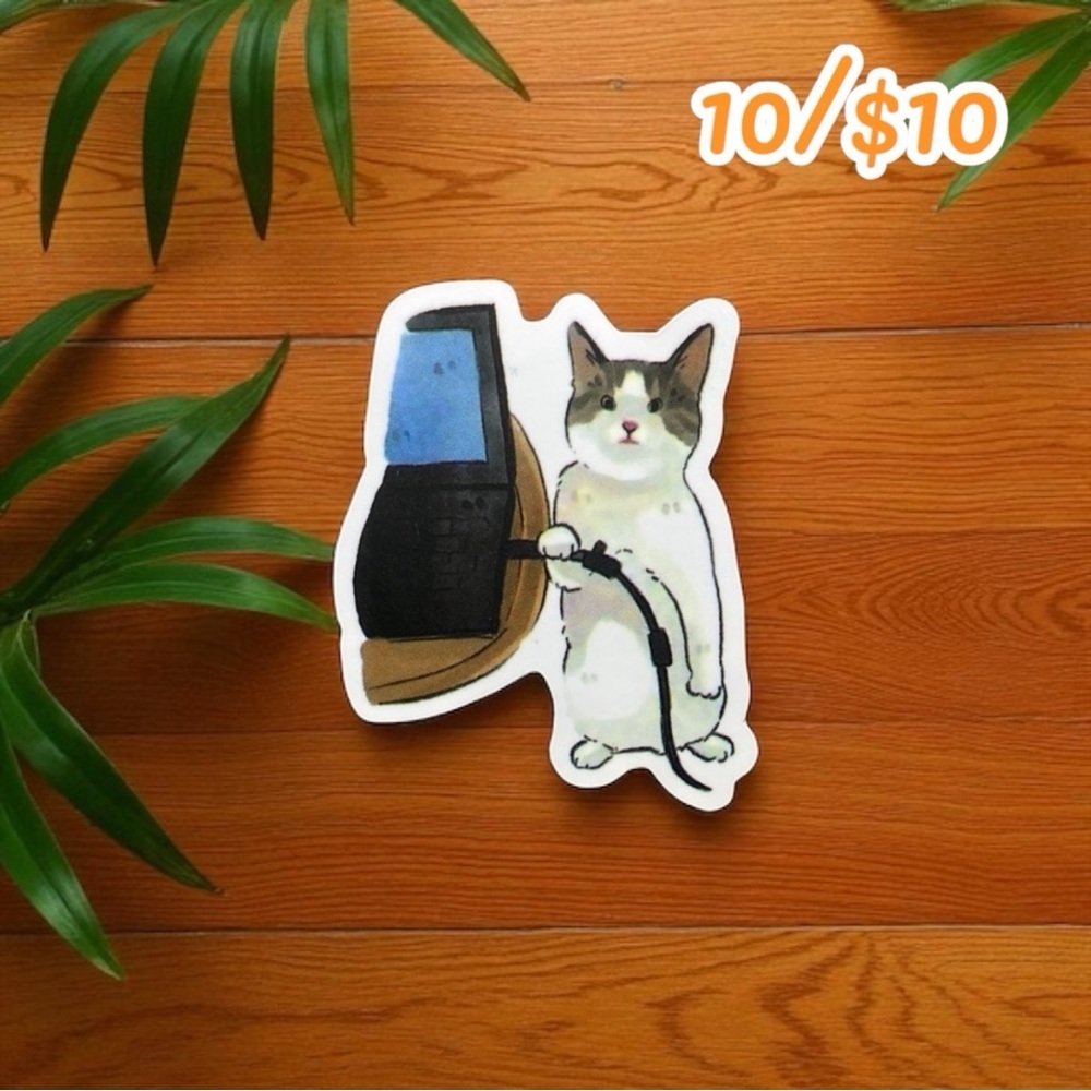 Unplugging Cat Meme Sticker – Vinyl (Approx. 1.5”)